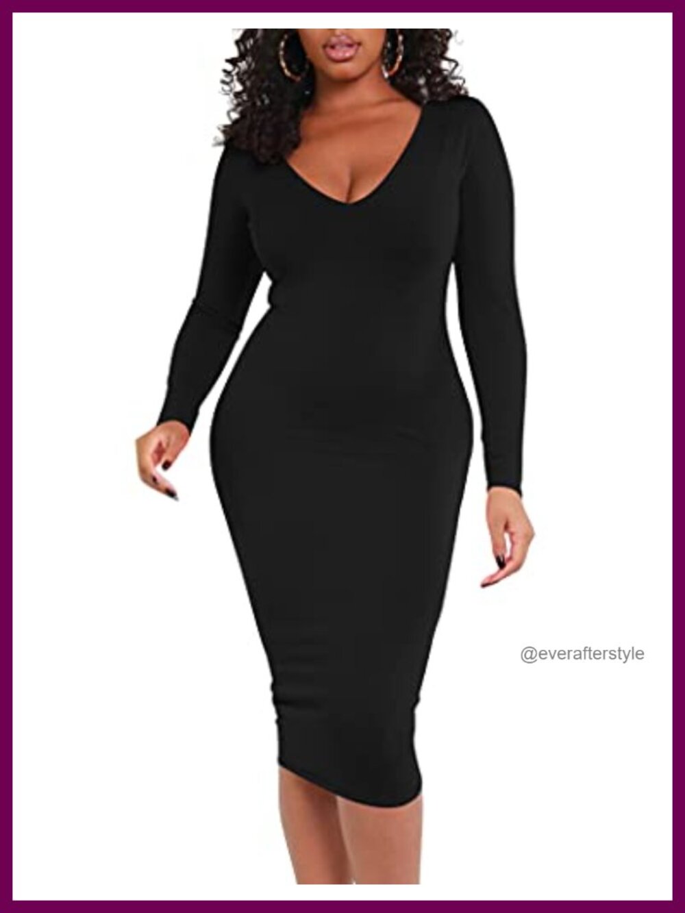 V Neck Long Sleeve Bodycon Midi Pencil Dress